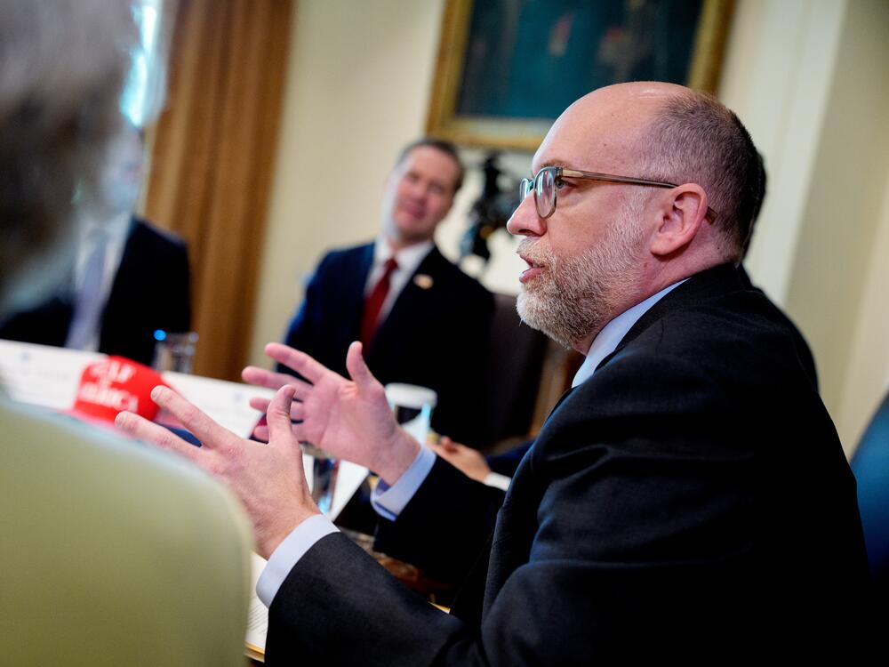 Office of Management and Budget Director Russ Vought speaks during a Cabinet meeting at the White House on April 30, 2025.