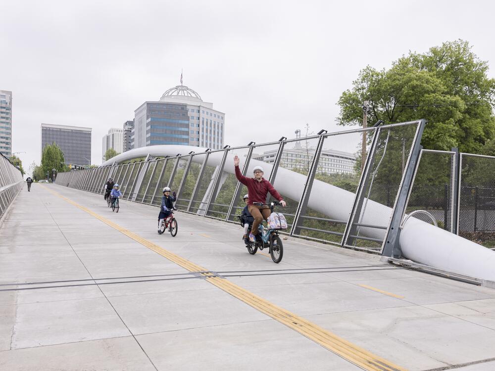 The Blumenauer Bridge is a car-free crossing over the freeway for pedestrians, bike commuters, and kids on their ride to school.