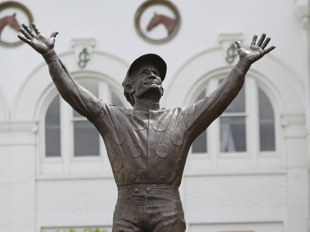 A statue of Hall of Fame jockey Pat Day is seen in the paddock area at Churchill Downs on April 30, 2019.