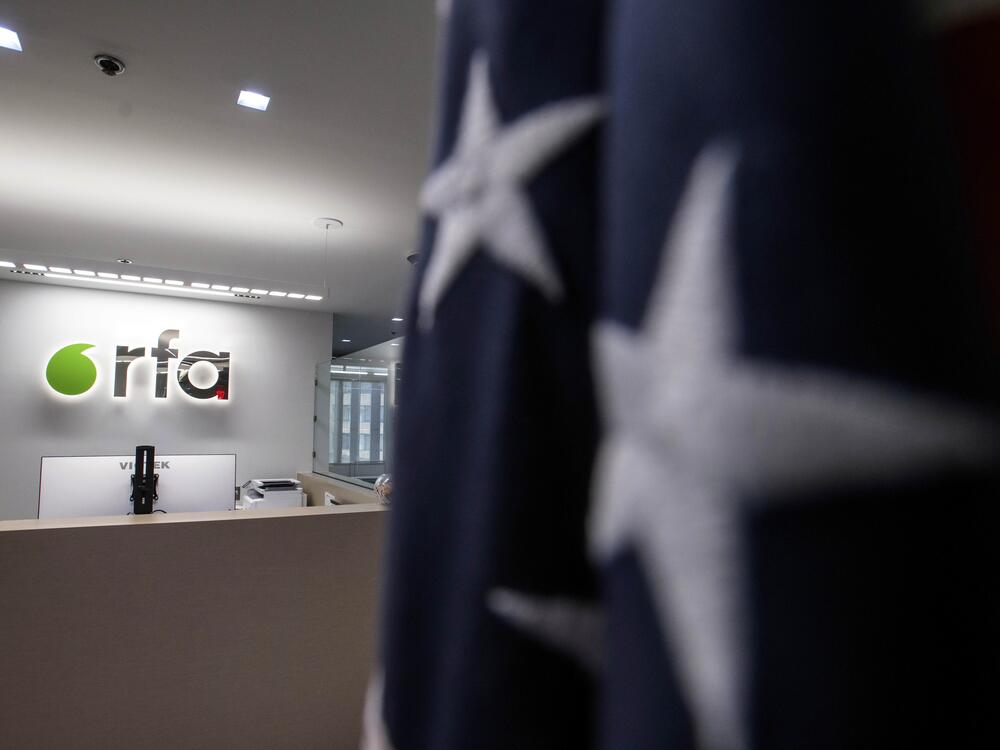 The receptionist desk sits empty at Radio Free Asia, Tuesday, April 1, 2025, in Washington, D.C.