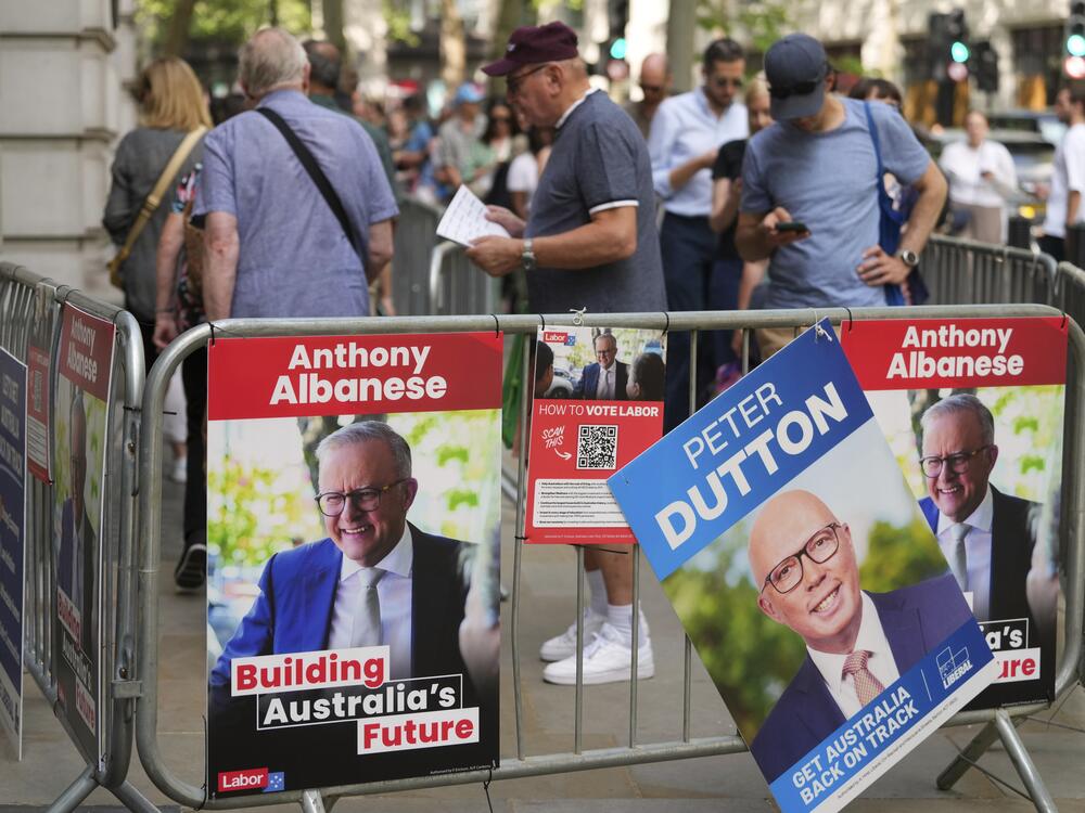 People queue outside the Australian High Commission in London to vote in the Australian federal election, Friday, May 2, 2025.