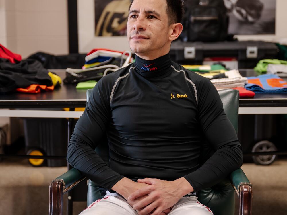 Jockey Junior Alvarado (38) poses for a portrait in the jockey quarters of Churchill Downs in Louisville, Ky., on April 30, 2025.