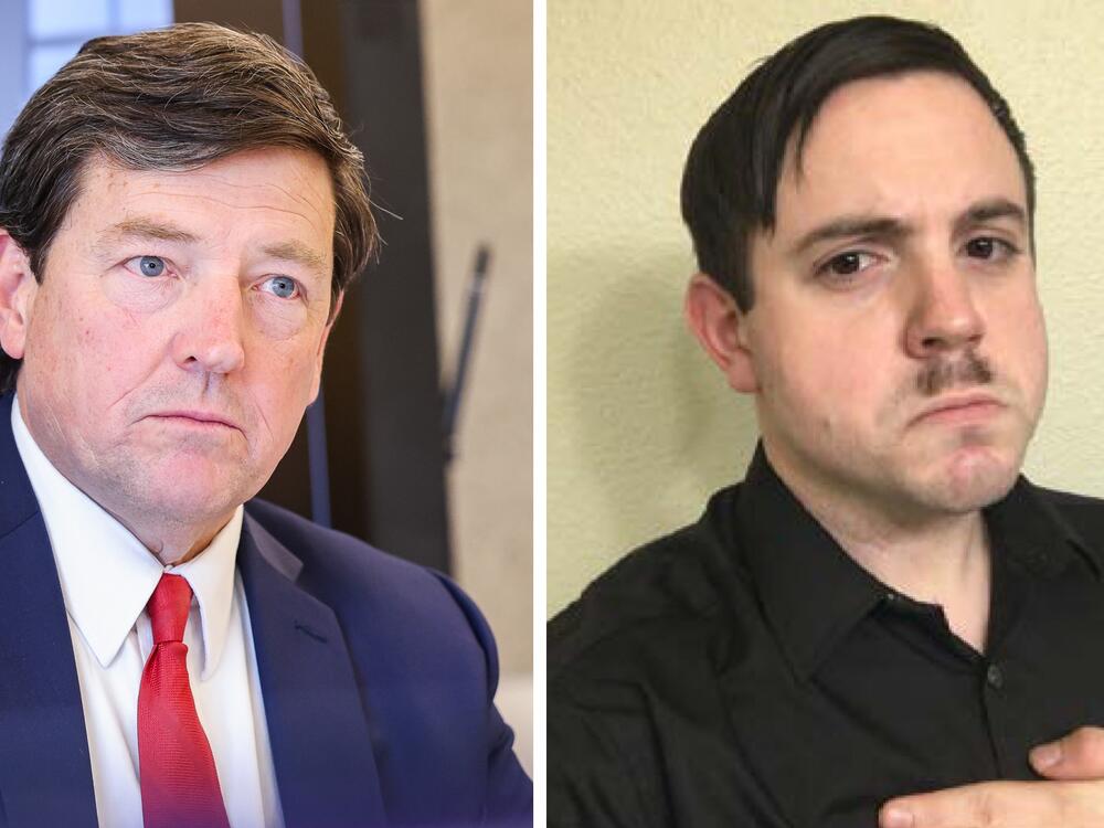 Left: Interim U.S. Attorney for the District of Columbia Edward Martin during an Anacostia Coordinating Council monthly meeting in Washington, D.C., on March 25. Right: Timothy Hale-Cusanelli with a mustache resembling Adolf Hitler's in photos recovered from his cellphone by the Department of Justice.