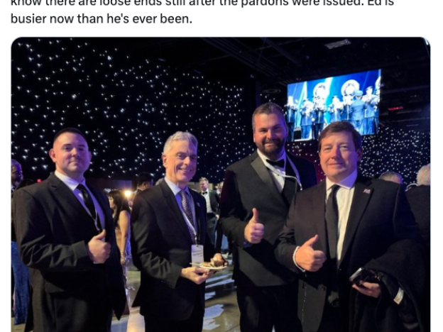 In January 2025, Hale-Cusanelli, seen here on the far left, posted this photo on social media featuring Martin, seen on the far right, at a Trump inaugural celebration. Martin has referred to Hale-Cusanelli as a 