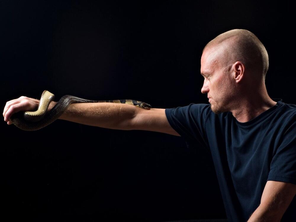 Tim Friede, pictured here with a water cobra, exposed himself to snake venom over decades. Scientists say they have now made a broadly effective antivenom with the help of his antibodies.