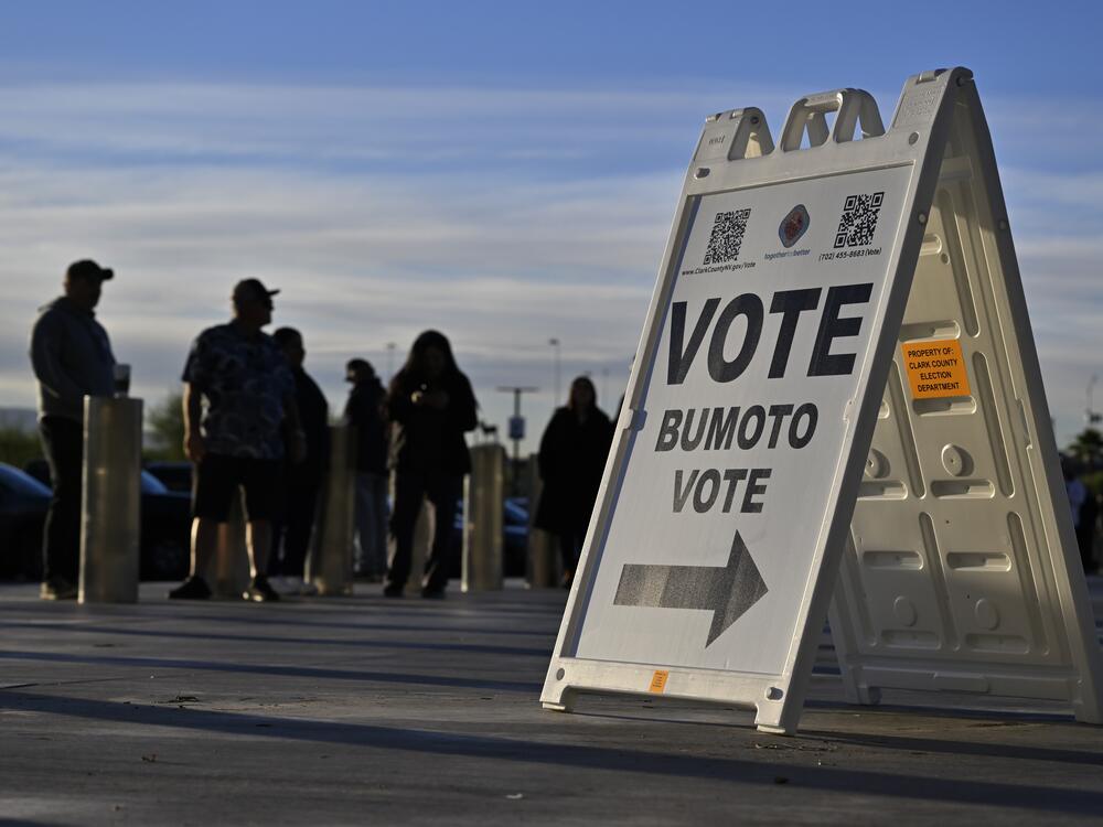 Voters line up to cast their ballots at Allegiant Stadium on Nov. 5, 2024, in Las Vegas, behind a sign reading 