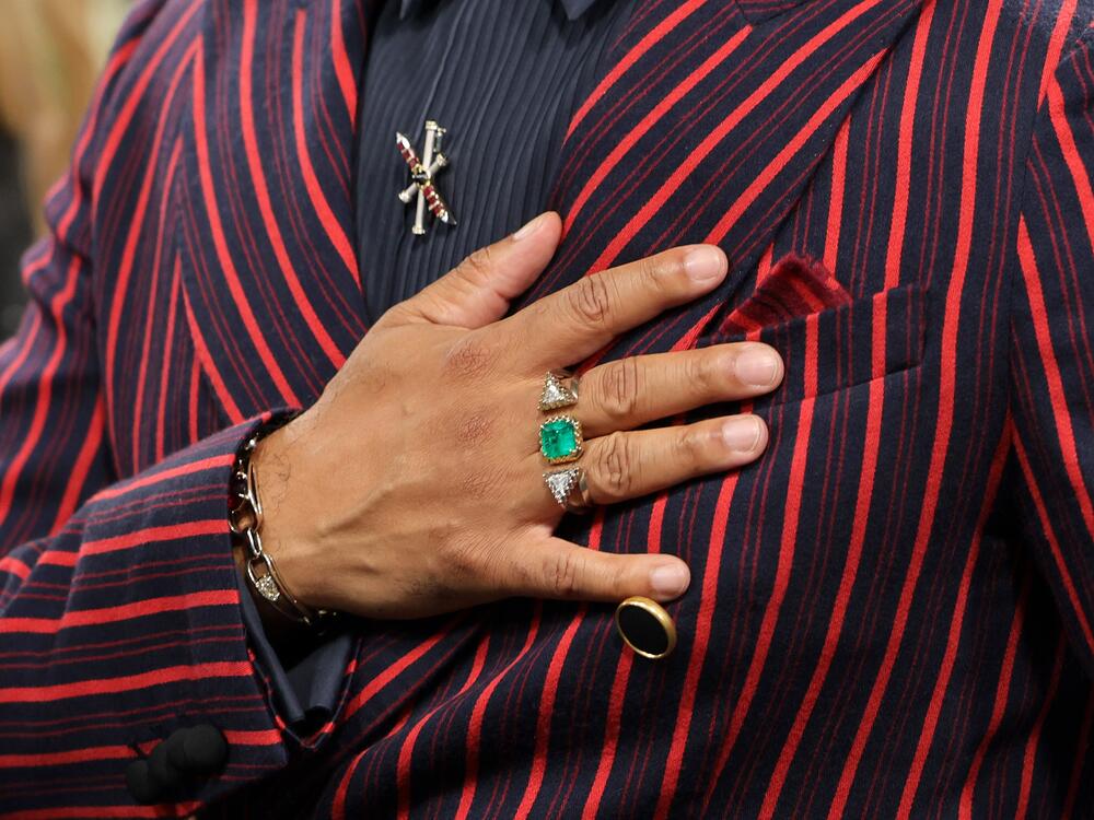 A detail of Colin Kaepernick's outfit as he arrives at  the 2025 Met Gala Celebrating.