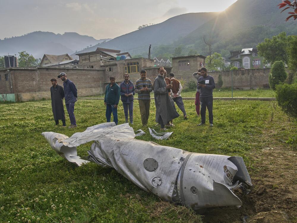 Debris of an aircraft lie in the compound of a mosque at Pampore in Pulwama district of Indian controlled Kashmir on Wednesday, May 7, 2025.