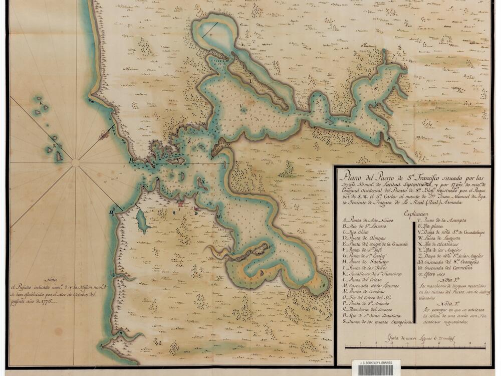 A chart of San Francisco Bay showing Alcatraz island that was made in 1775 during an expedition by Spanish explorer Juan Manuel de Ayala.