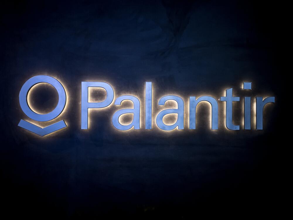The logo of the big data analytics software company Palantir Technologies on display during the World Economic Forum (WEF) annual meeting in Davos, on Jan. 23, 2025.