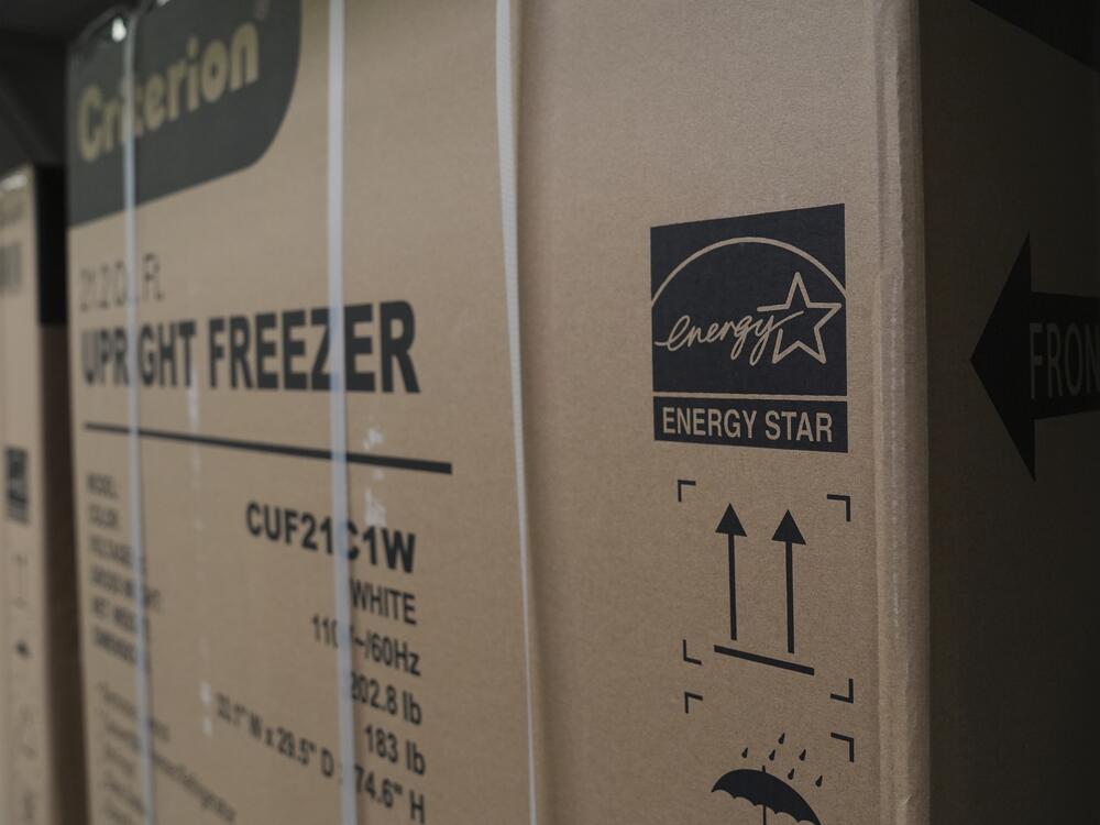 An Energy Star logo is displayed on a box for a freezer Jan. 21, 2025, in Evendale, Ohio.