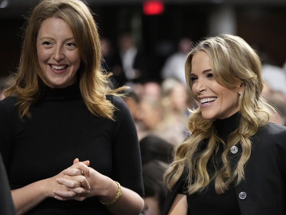 Dr. Casey Means (left) stands with journalist Megan Kelly at a confirmation hearing for Robert F. Kennedy Jr. for the secretary of Health and Human Services post in January.