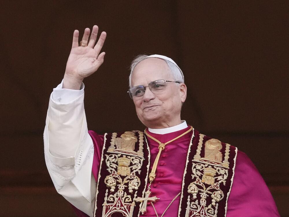 Pope Leo XIV appears on the central loggia of St. Peter's Basilica after being chosen the 267th pontiff of the Roman Catholic Church,  at the Vatican, Thursday, May 8, 2025.