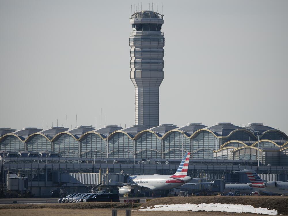 The control tower at Reagan National Washington Airport is shown on Jan. 30, in Arlington, Va.