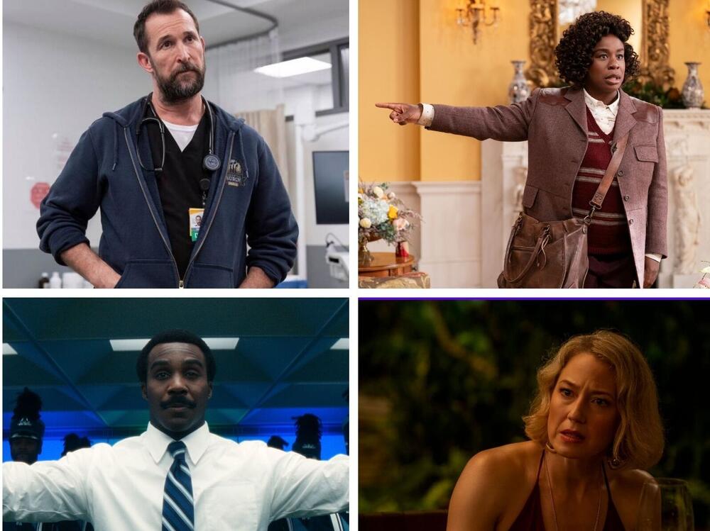 NPR TV critic Eric Deggans picks his favorite performances of 2025 so far, including, clockwise from top left, Catherine O'Hara in <em>The Last of Us</em> and <em>The Studio</em>, Noah Wyle in <em>The Pitt,</em> Uzo Aduba in <em>The Residence, </em>Carrie Coon in <em>The White Lotus, </em>Tramell Tillman in <em>Severance </em>and Owen Cooper in <em>Adolescence</em>.