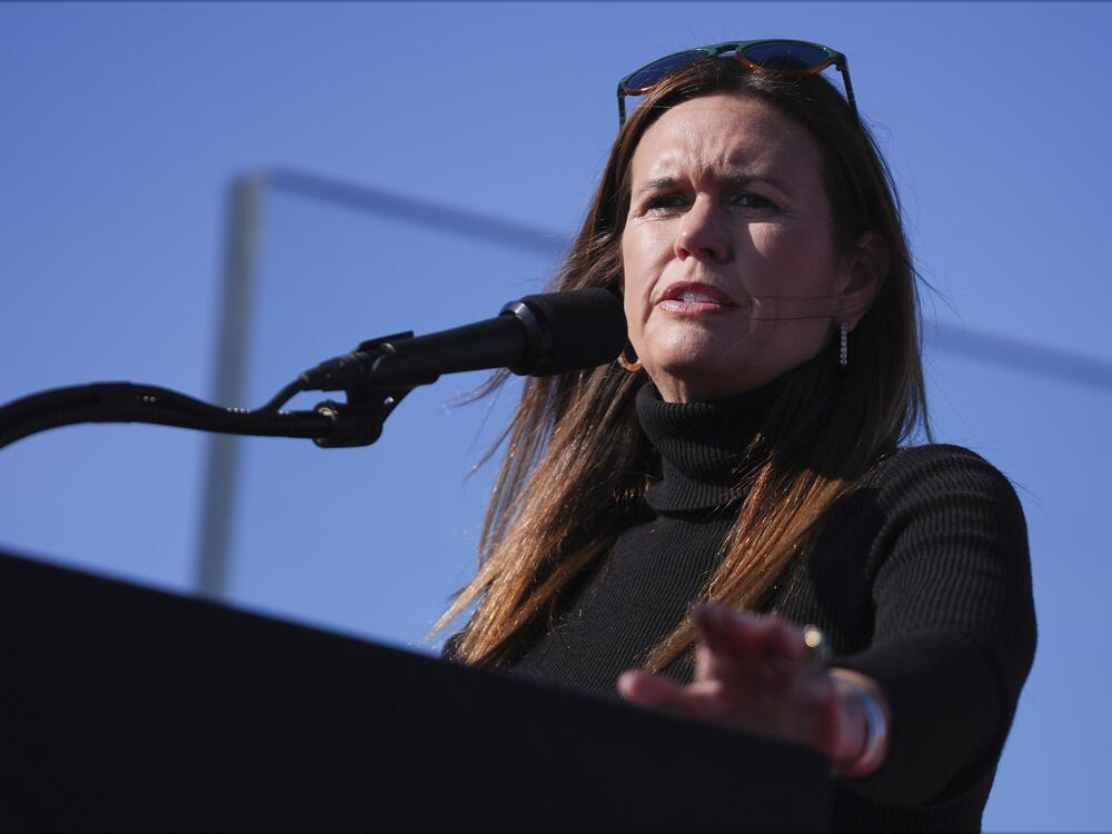 Arkansas Gov. Sarah Huckabee Sanders speaks at a campaign rally for then-presidential candidate Donald Trump, in Nov., 2024. In January, Sanders announced plans to reprise an effort to institute work requirements for Medicaid, as Arkansas did under the first Trump administration.