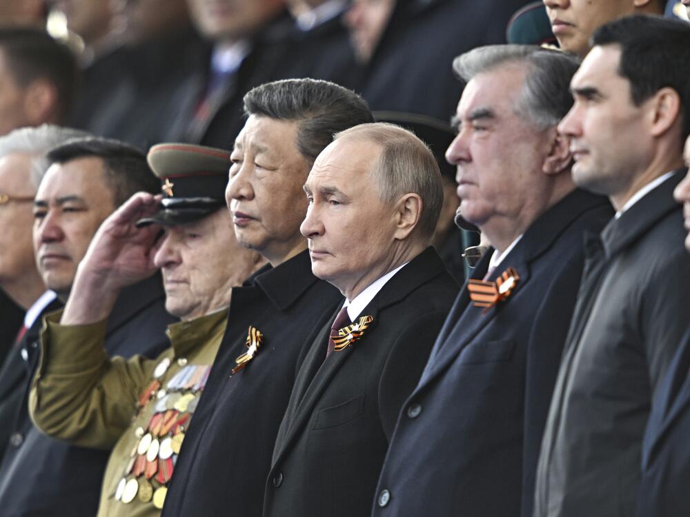 From second right: Turkmenistan President Serdar Berdimuhamedow, Tajikistan's President Emomali Rakhmon, Russian President Vladimir Putin and Chinese President Xi Jinpin watch the Victory Day military parade in Moscow, Russia, Friday, May 9, 2025, during celebrations of the 80th anniversary of the Soviet Union's victory over Nazi Germany during the World War II.
