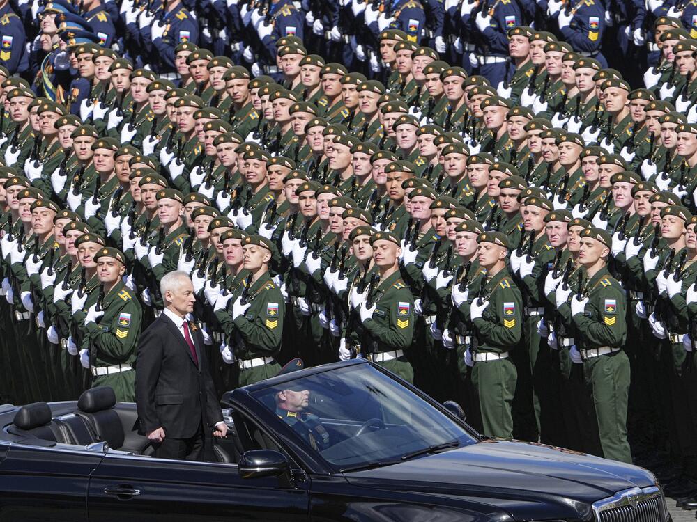 Russian Defense Minister Andrei Belousov is driven along Red Square in an Aurus car during the Victory Day military parade in Moscow, Russia, Friday, May 9, 2025, marking the 80th anniversary of the Soviet Union's victory over Nazi Germany during the World War II.