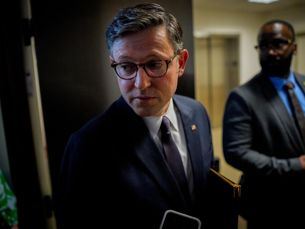 Speaker of the House Rep. Mike Johnson, R-La., speaks to reporters following a House Republican conference meeting at the U.S. Capitol on May 6. Republicans are facing internal divisions over Medicaid as they work to enact President Trump's domestic policy agenda.