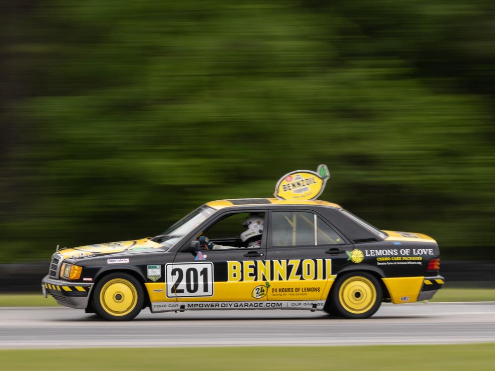 A 1990 Mercedes-Benz 190E participates in the 24 Hours of Lemons rally in Kershaw, S.C., on April 26. The race features cars that cost $500 or less.