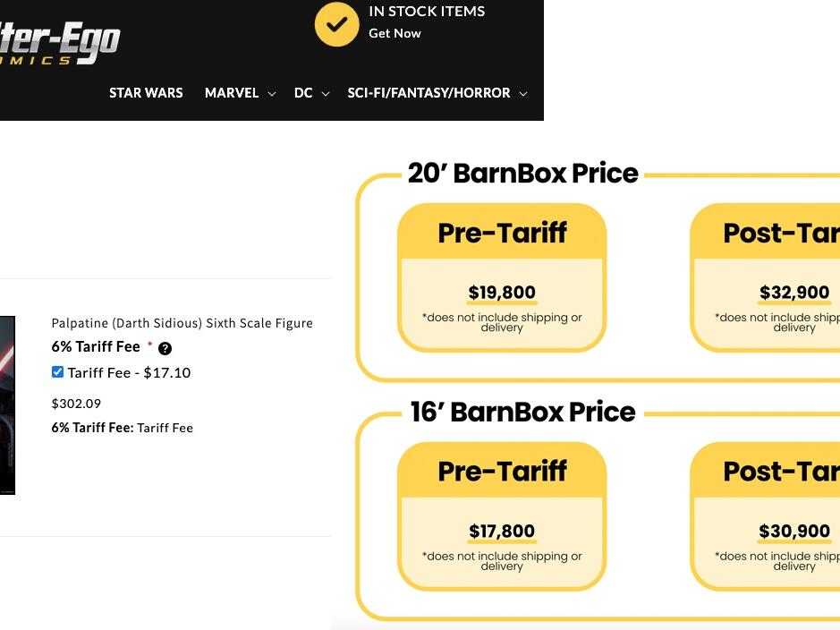 Alter Ego Comics, a family-run business in Ohio, shared a receipt (pictured on the left) that shows a breakout for tariffs and on the right a screenshot of the before- and after-tariffs pricing page on the website of HiveTech Solutions, a Colorado company that makes large, refrigerated container boxes for beekeepers and for farmers.