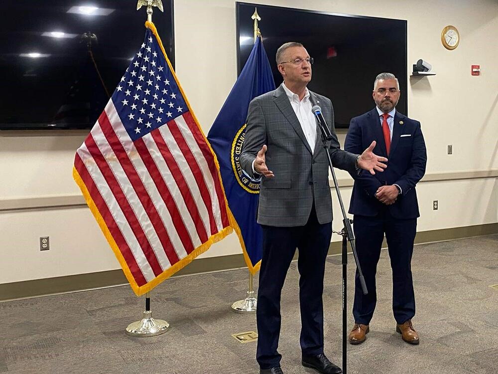 Secretary of Veterans Affairs Doug Collins and Rep. Juan Ciscomani of Arizona at the Tucson VA Medical Center on April 28.
