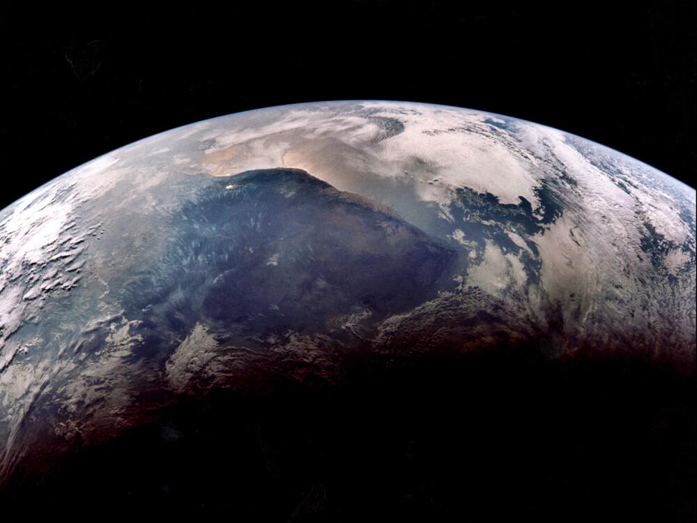 View of the earth photographed from the Apollo 11 spacecraft as it approached the earth on its return from the moon on July 24, 1969.<br>