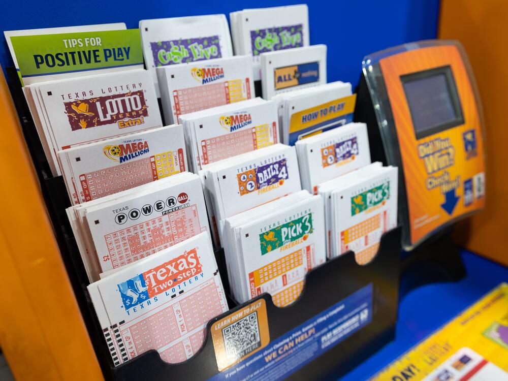A Texas Lottery display promoting support for Texas education and veterans stands inside Lucky Rudy's in Rosenberg, Texas, on May 5, 2025.