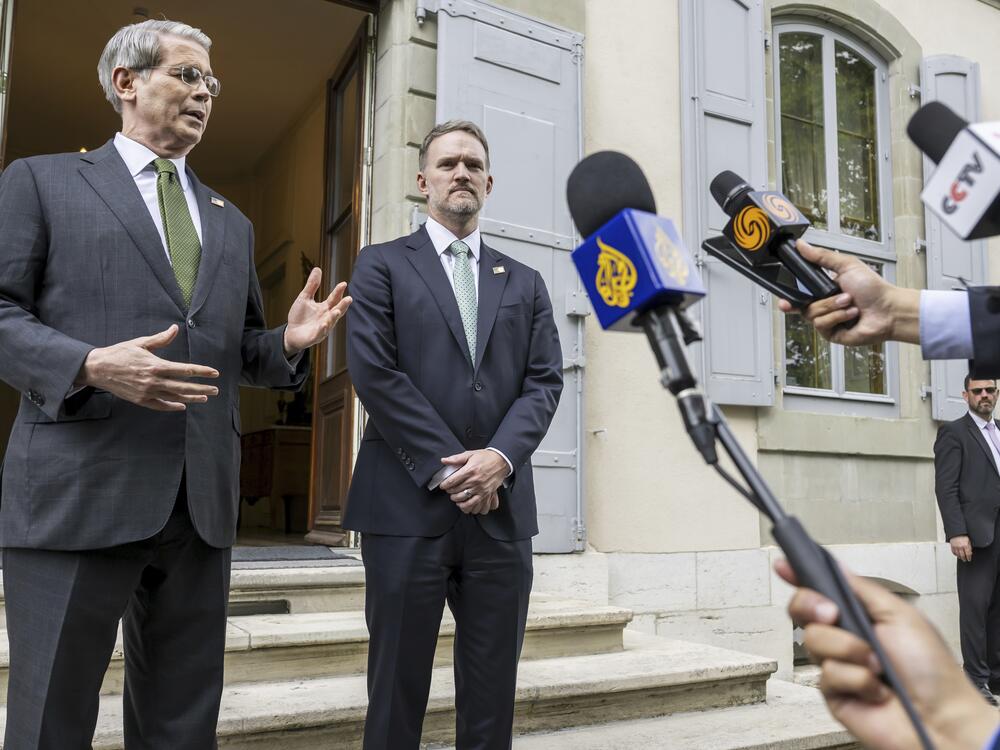 U.S. Secretary of the Treasury Scott Bessent, left, and U.S. Trade Representative Jamieson Greer speak to the press after the second day of a bilateral meeting between the United States and China, in Geneva, Switzerland, on Sunday, May 11, 2025.