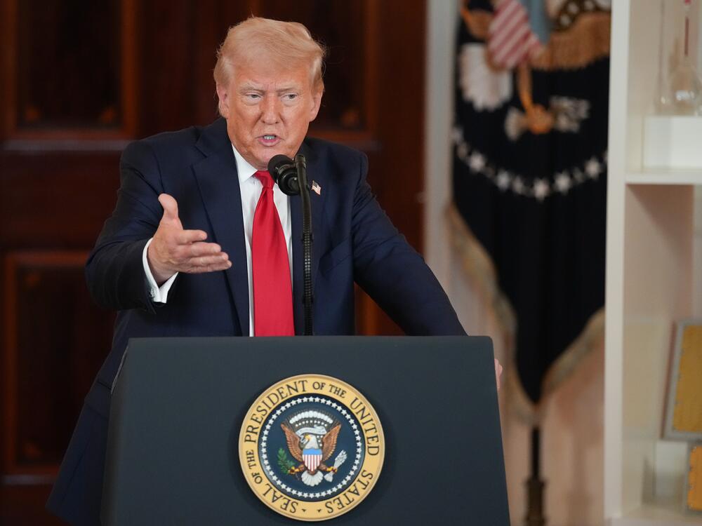President Trump speaks in the Cross Hall of the White House in Washington, D.C., during an event on April 30.
