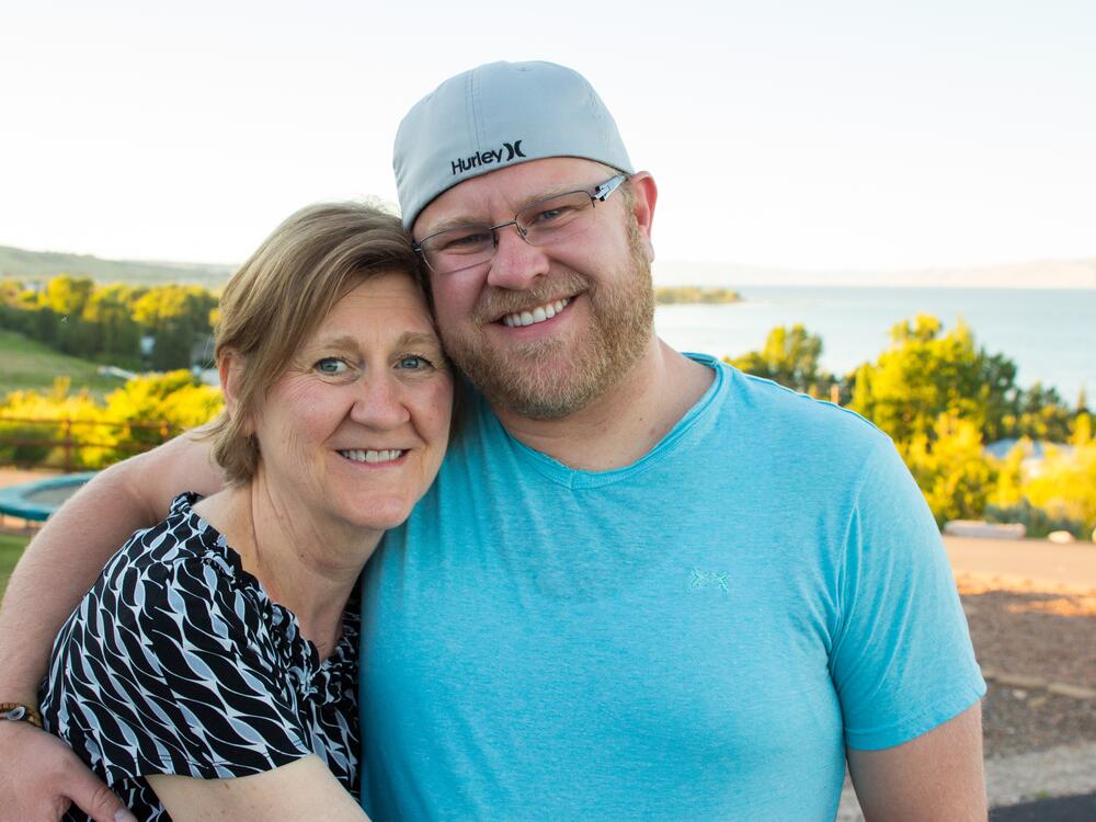 Denille Andrus hugs her son Joe Tanner in Bear Lake, Utah.