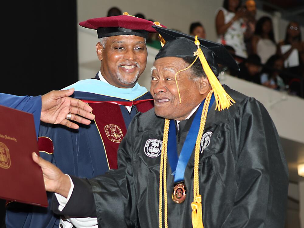 Linwood Riddick, who turns 80 on Monday, accepts his bachelor's degree at South Carolina State University on Friday May 9th.