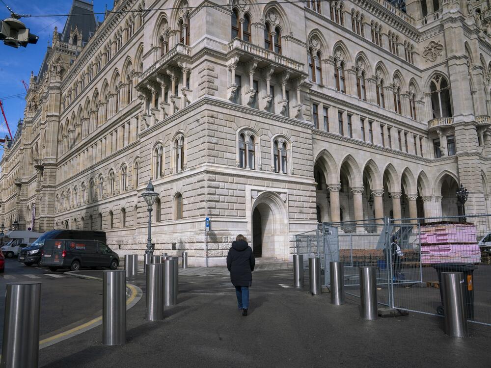 Abrahamczik walks near the 19th century city hall or Rathaus. This spring Vienna passed a climate law. The Austrian federal government has not passed one yet.