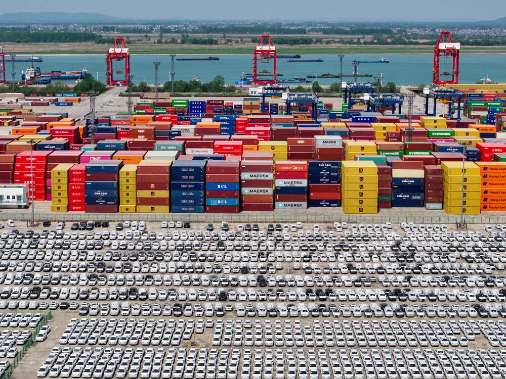 Chinese made cars, including Volvo and other brands, are seen at the port in Nanjing, in China's eastern Jiangsu province on April 16, 2025, as they wait to be loaded onto ships for export.