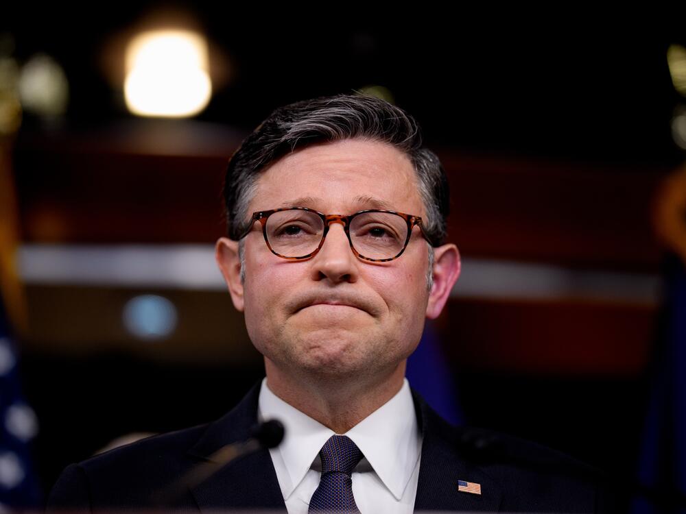 Speaker of the House Mike Johnson, R-La., appears at a news conference at the U.S. Capitol on May 6. Republicans are working to pass a sweeping multitrillion-dollar plan to reshape tax, energy and immigration policy.