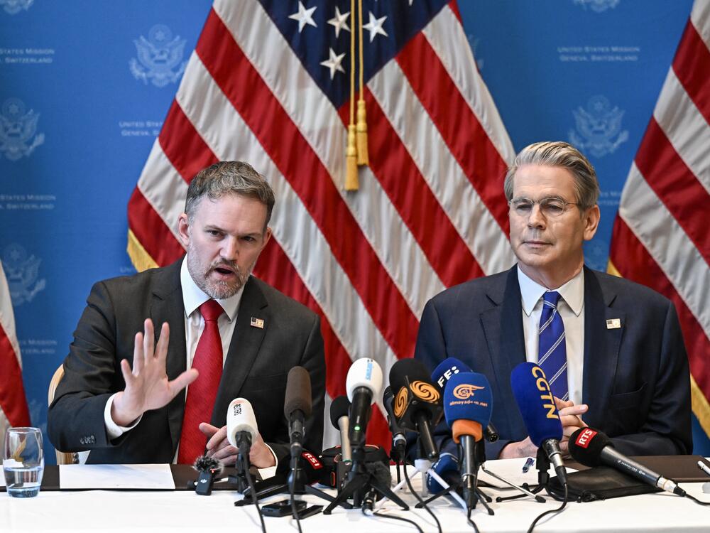 Treasury Secretary Scott Bessent (right) and U.S. trade representative Jamieson Greer hold a news conference in Geneva on May 12 to give details of 