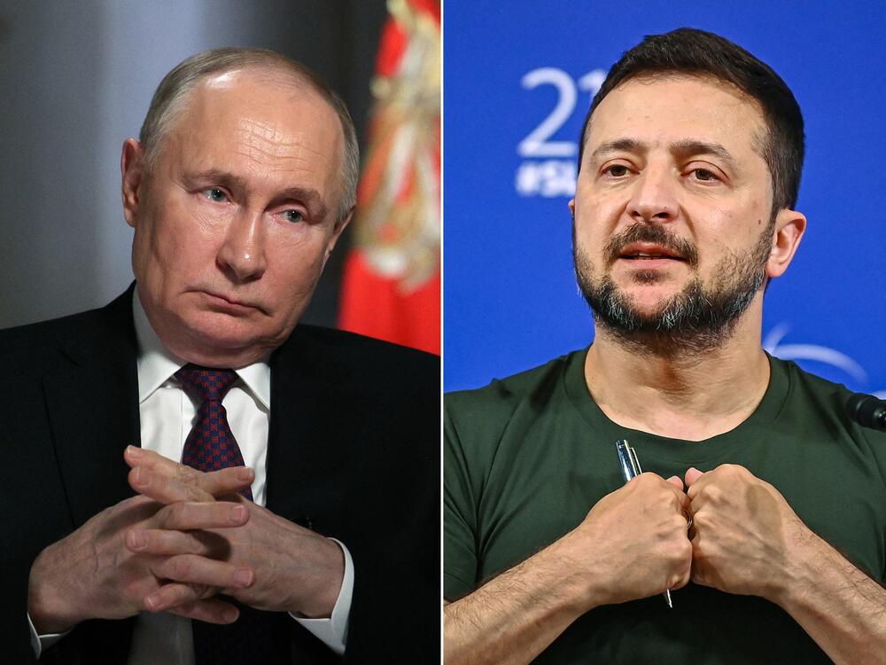 This combination of pictures created on Monday shows a photograph distributed by Russia's state agency Sputnik showing Russian President Vladimir Putin during an interview with RIA Novosti news agency at the Kremlin on March 12, 2024, and a picture of Ukrainian President Volodymyr Zelenskyy during a summit in Singapore on June 2, 2024.