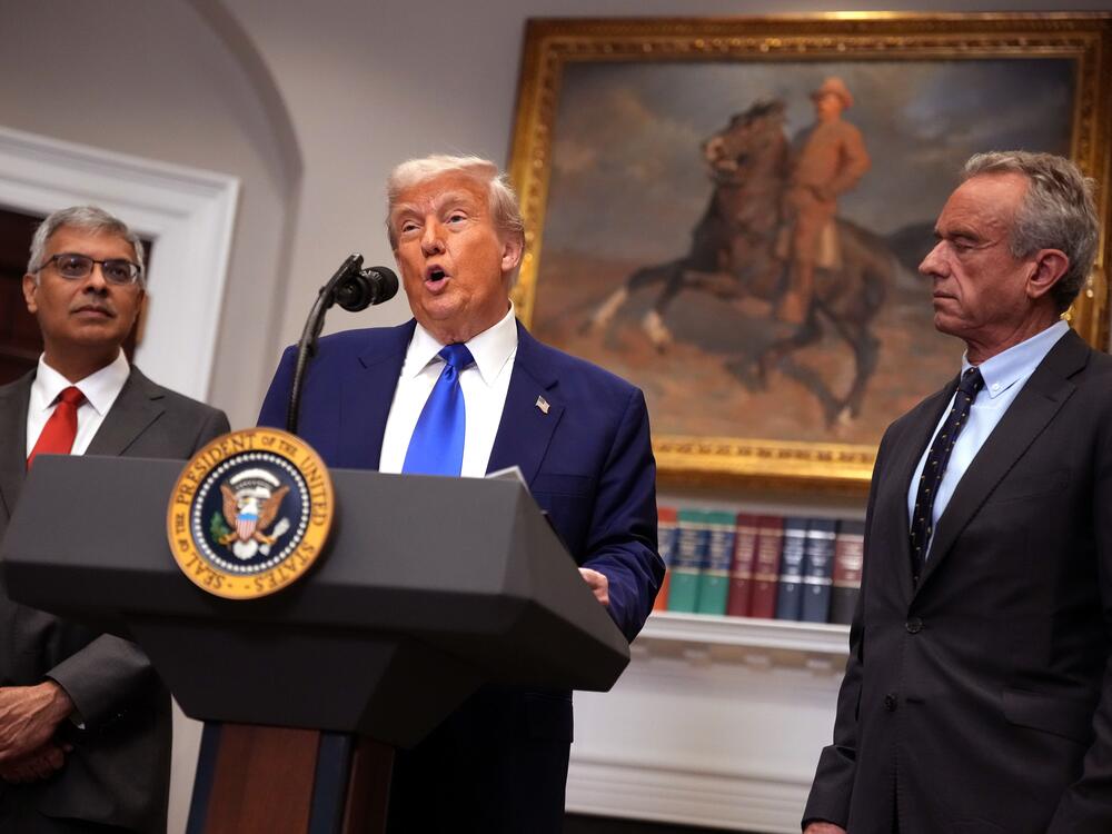 President Trump, joined by National Institutes of Health Director Jay Bhattacharya and Health and Human Services Secretary Robert F. Kennedy Jr., talks about an executive order aimed at reducing the cost of prescription drugs.