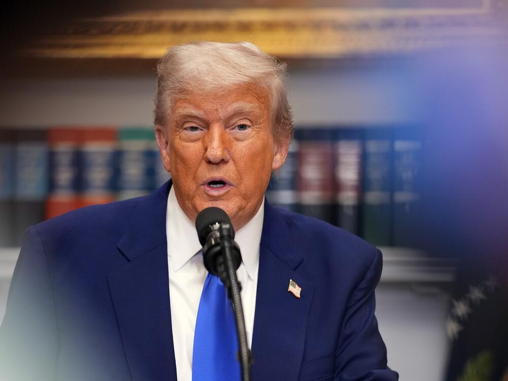 President Trump speaks during a press conference in the Roosevelt Room of the White House on Monday. Trump has said Republicans should 