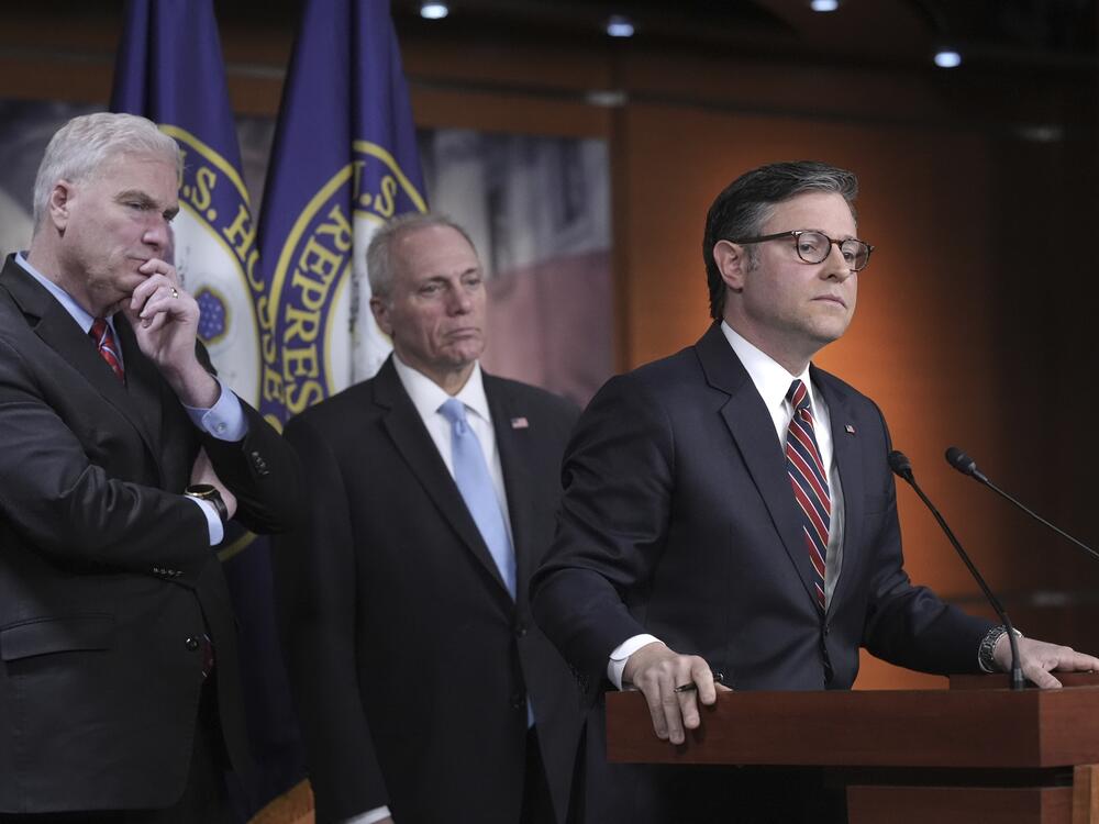 Speaker of the House Mike Johnson, R-La., joined (from left) by House Majority Whip Tom Emmer, R-Minn., and House Majority Leader Steve Scalise, R-La., talks to reporters at the Capitol in Washington, April 8, 2025.