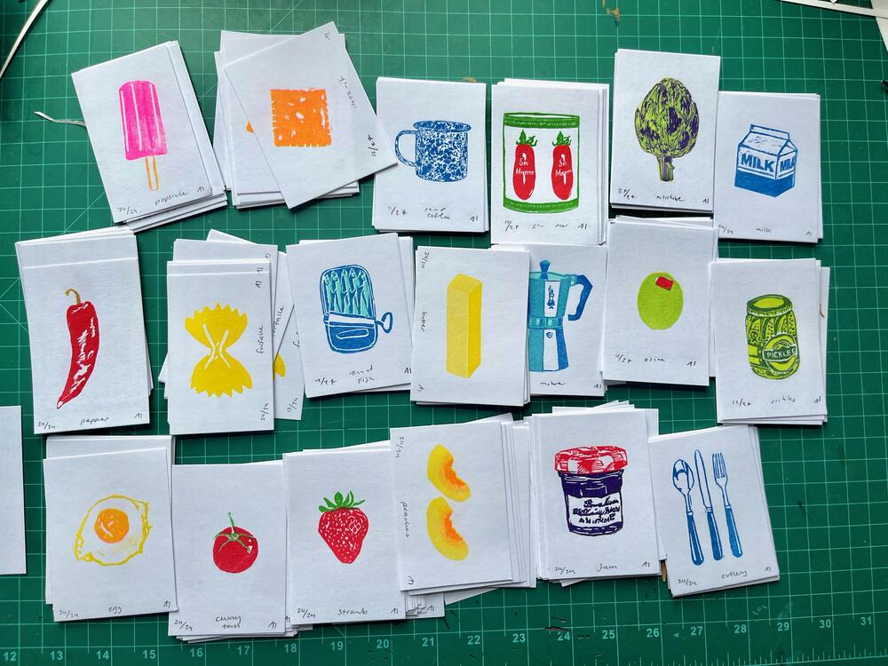 Artist Ana Inciardi's vending machine prints feature food items and the tools that are associated with them.