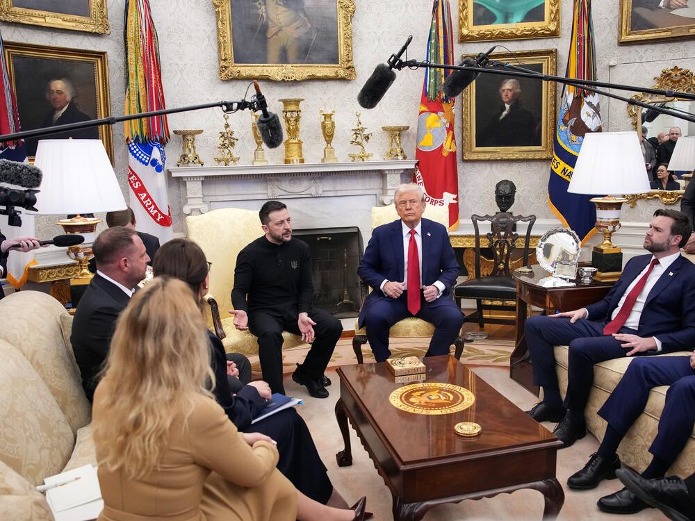 President Trump and Vice President Vance meet with Ukrainian President Volodymyr Zelenskyy in the Oval Office at the White House on Feb. 28. Researchers are testing AI's potential for coming up with agreements to end the war in Ukraine.