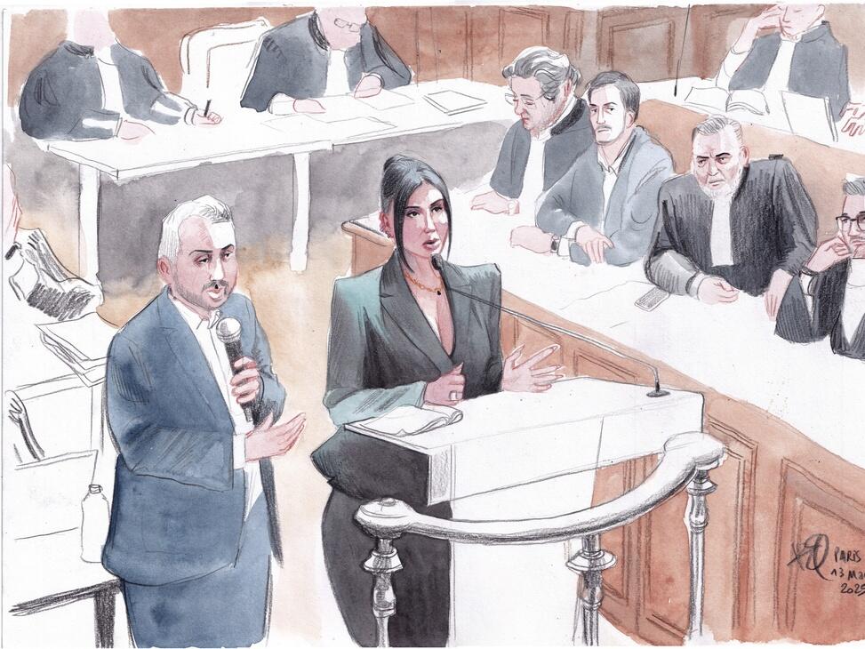 In this artist sketch, Kim Kardashian testifies Tuesday regarding a robbery of millions of dollars in jewels from her Paris hotel room in 2016, in Paris.