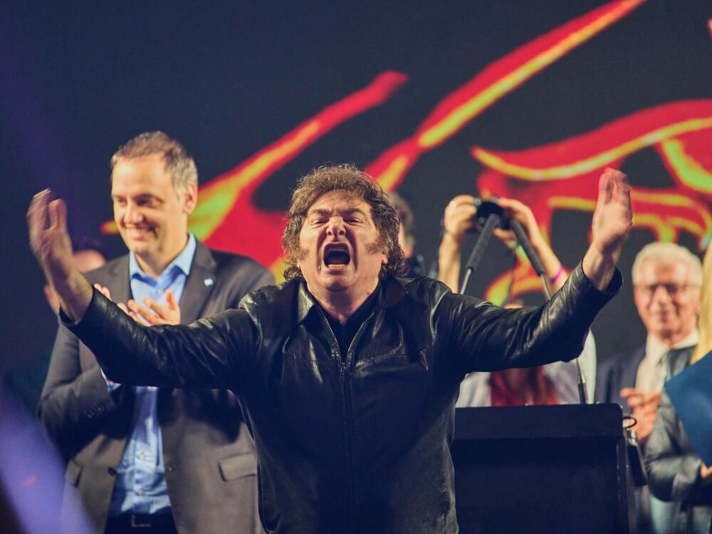 Argentina's President Javier Milei greets supporters during the closing campaign rally for Manuel Adorni, a contender in the upcoming elections for the Buenos Aires city legislature, in Buenos Aires, Argentina on Wednesday.