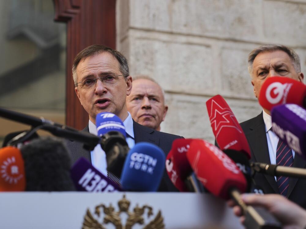 Russian presidential aide Vladimir Medinsky speaks to journalists at the Russian Consulate in Istanbul, Thursday.
