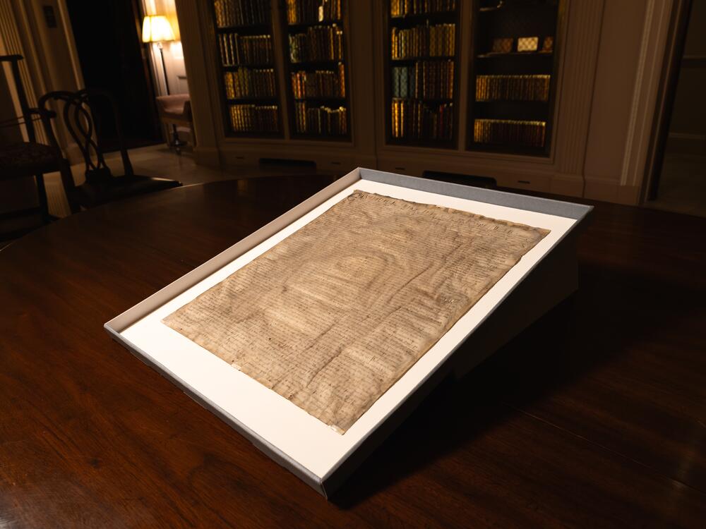 A copy of the 1300 version of the Magna Carta on display at the Harvard Law School.