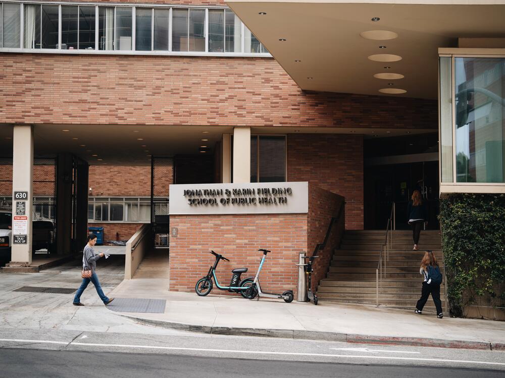 The Jonathan & Karin Fielding School of Public Health sign is seen on the campus of UCLA in Los Angeles, Calif., on April 23, 2025.