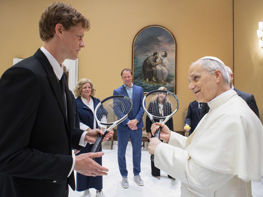 Italy's Jannik Sinner shares a light moment with Pope Leo XIV on the occasion of their meeting at the Vatican, Wednesday, May 14, 2025.