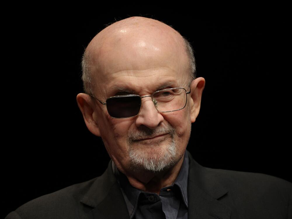 Novelist Salman Rushdie promotes the German-language edition of his book <em>Knife: Meditations After an Attempted Murder</em> in Berlin on May 16, 2024. In the book, Rushdie confronts the 2022 attack that left him blind in one eye.