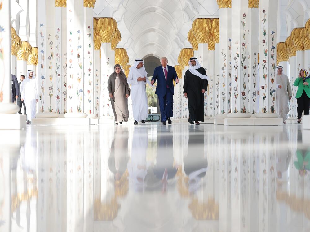 President Trump tours the Sheikh Zayed Grand Mosque with UAE President Sheikh Mohamed bin Zayed Al Nahyan, and mosque officials Dr. Yousef Al-Obaidi and Ameena Alhammadi, on May 15, 2025.